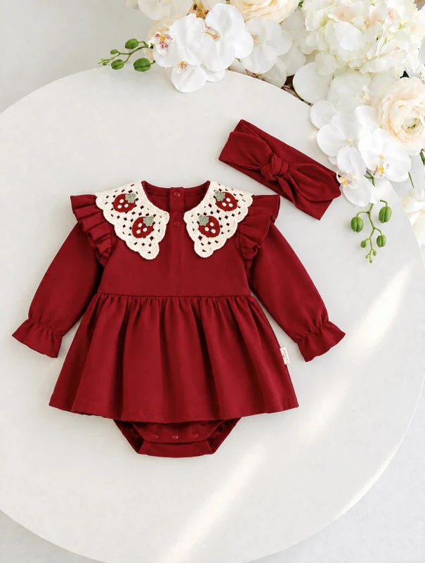 Çilek Yaka Detaylı Romper & Bandana Set