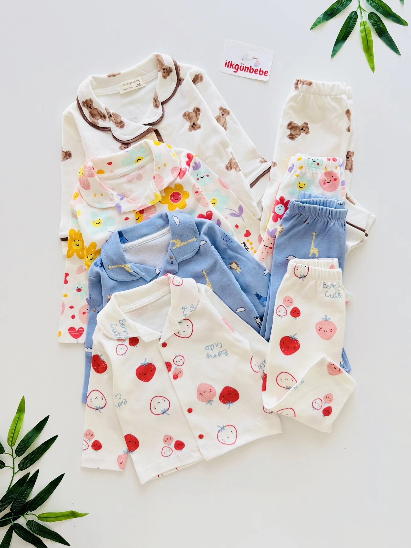 Rengarenk Gökkuşağı Desenli Bebe Yakalı %100 Pamuk Pijama Takımı