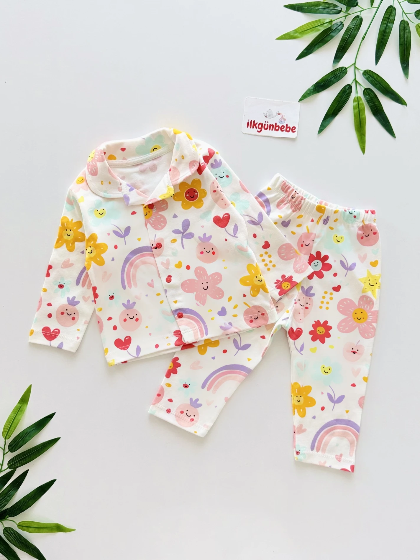 Rengarenk Gökkuşağı Desenli Bebe Yakalı %100 Pamuk Pijama Takımı