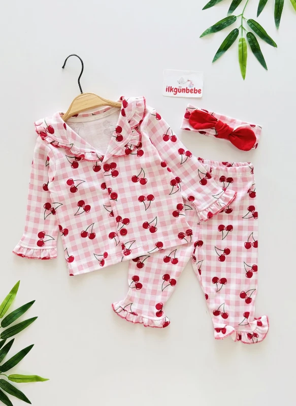 Kiraz Desenli  Bebe Yakalı Bandanalı  %100 Pamuk Pijama Takımı